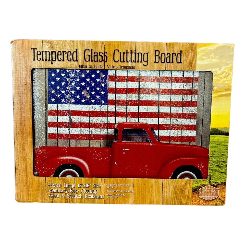 American Flag and Old Truck Tempered Glass Cutting Board NWT